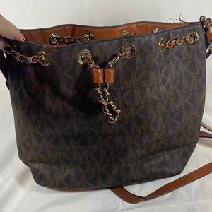 Michael Kors crossbody bucket bag with monogram.